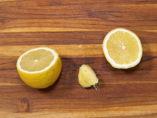 cut lemon and peel ginger for watermelon juice