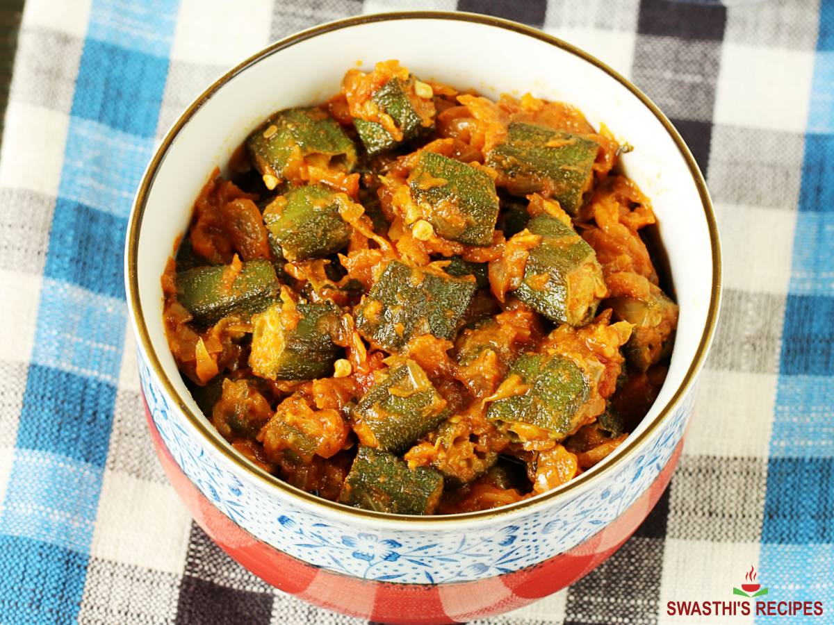 bhindi masala made with okra, spices and herbs