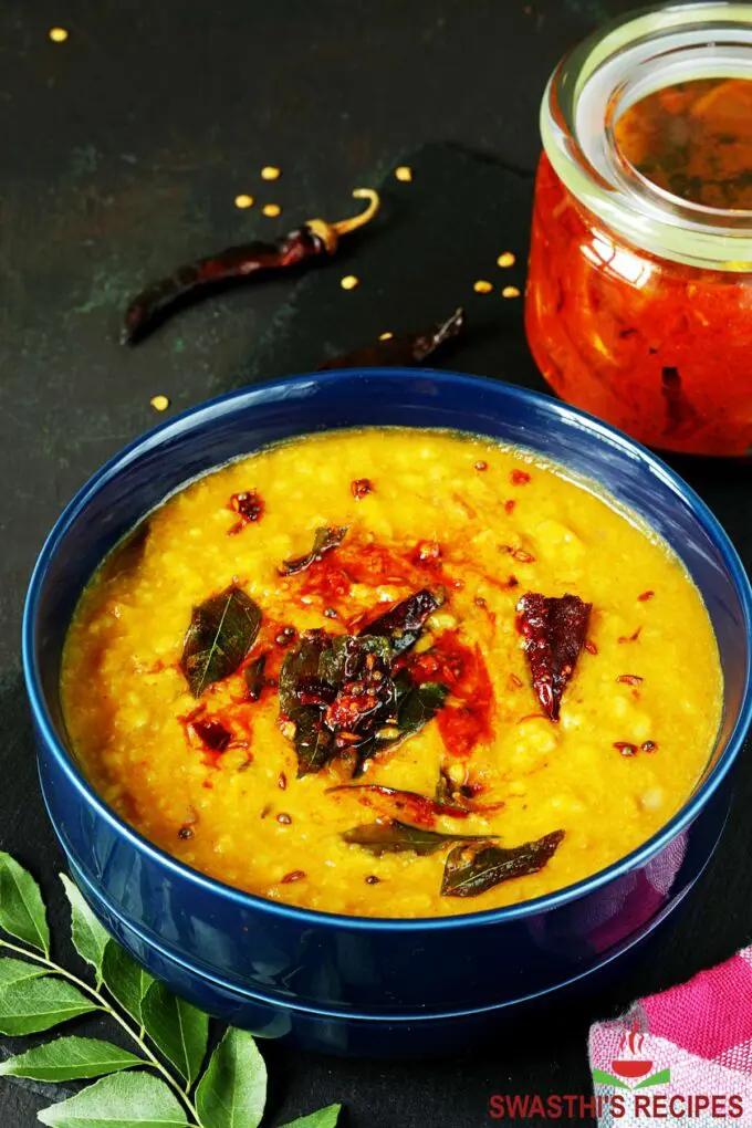 moong dal served in a blue bowl