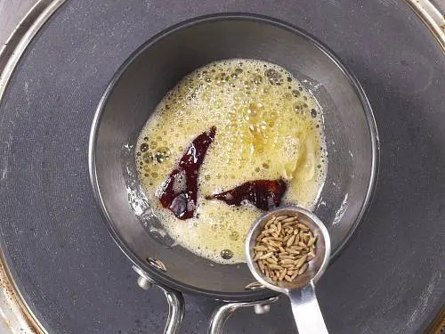 cumin seeds being added to ghee for tempering moong dal tadka