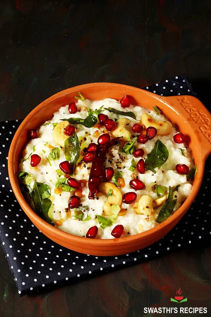 curd rice served in a terracotta bowl