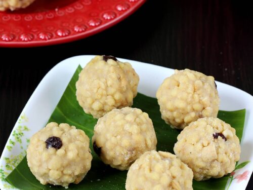 Boondi Ladoo made with boondi, sugar, ghee and cardamoms