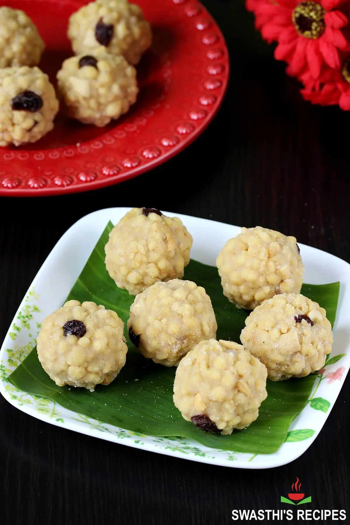 Boondi Ladoo made with boondi, sugar, ghee and cardamoms