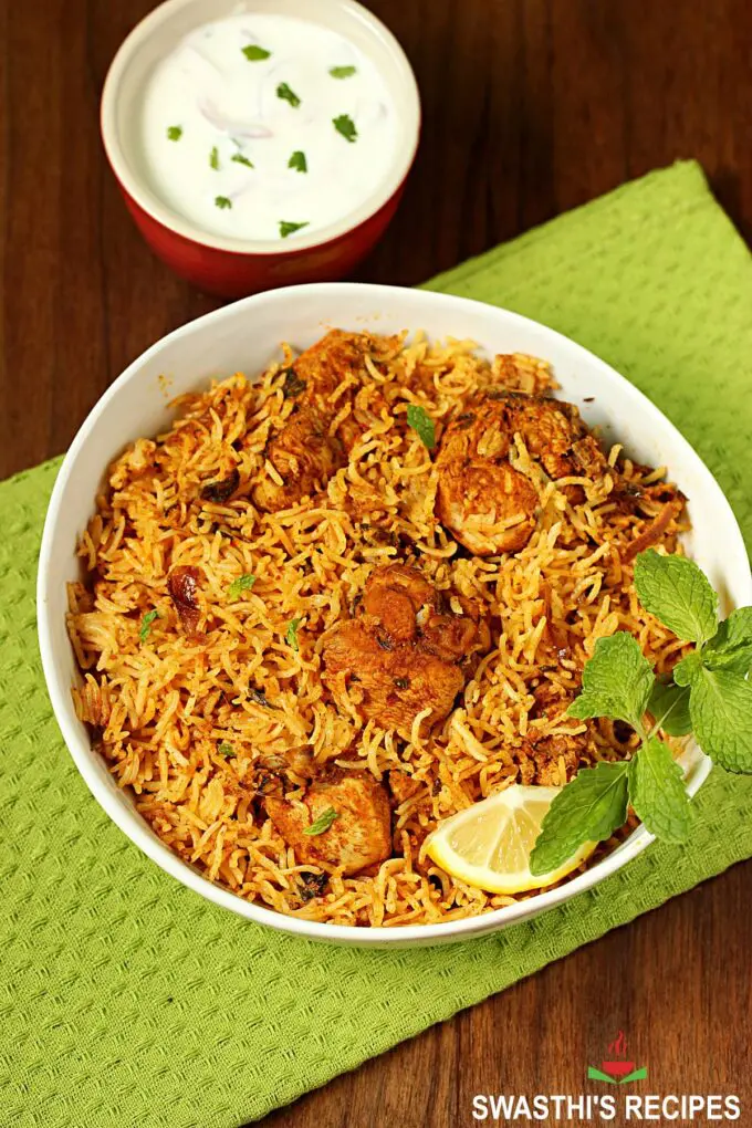 Chicken Biryani served in a white bowl