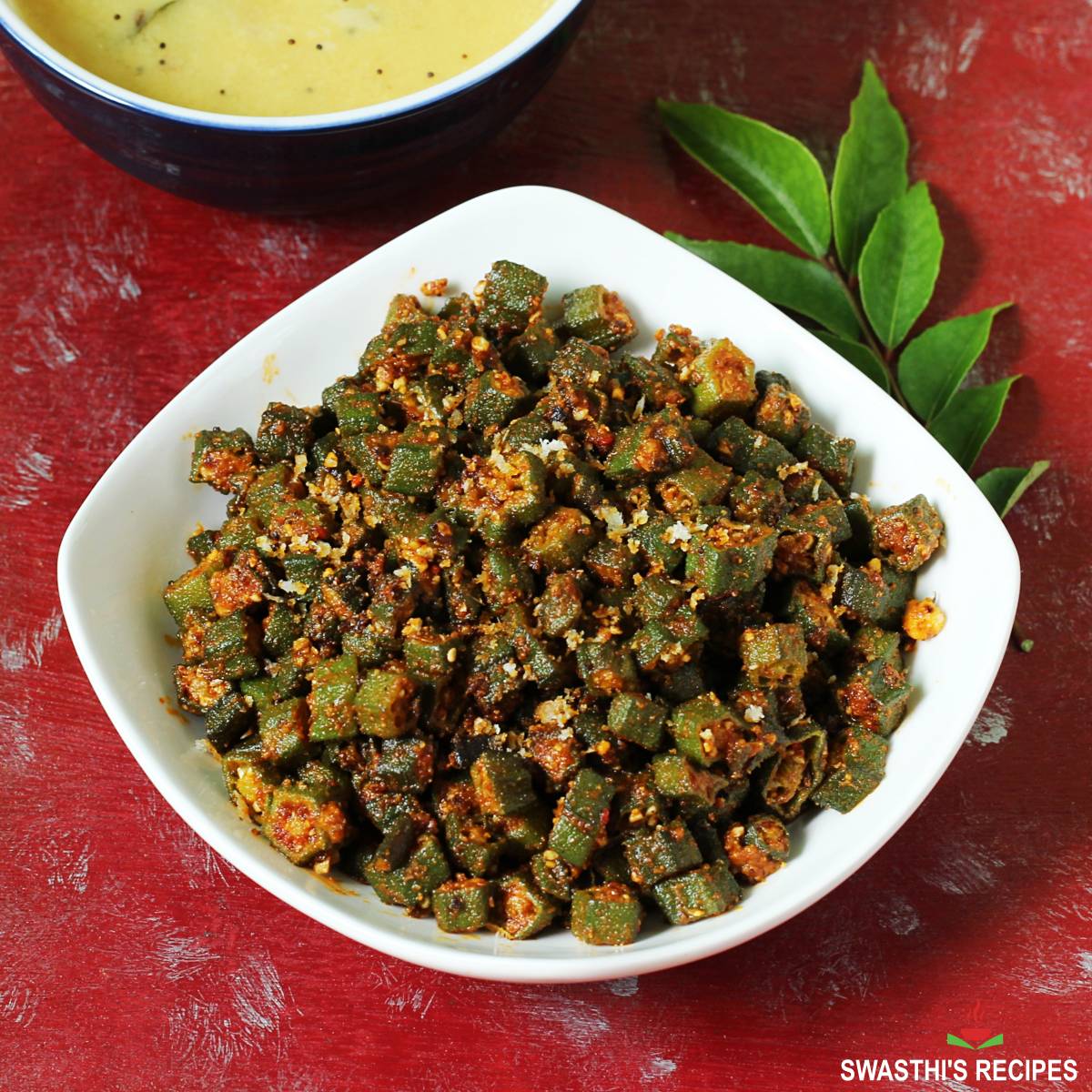 Bhindi fry recipe made with okra, spices and curry leaves