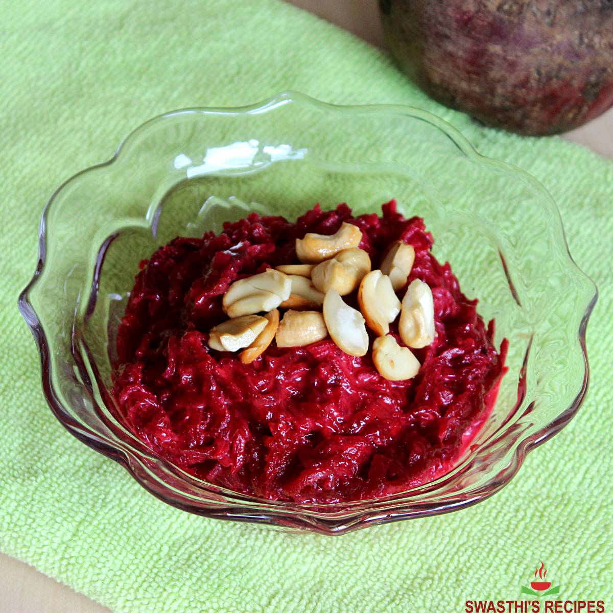 Beetroot halwa made with grated beets, sugar, milk and cardamoms