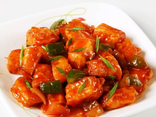 Chilli paneer made with Indian cheese and chilli sauce