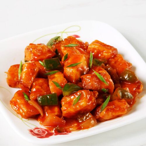Chilli paneer made with Indian cheese and chilli sauce