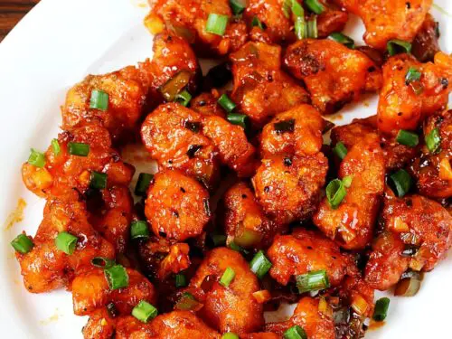 Gobi manchurian served in a white plate