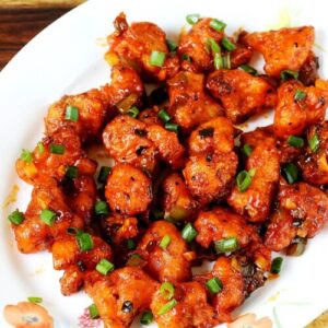 Gobi manchurian served in a white plate