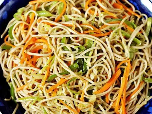 Veg noodles aka vegetable noodles served in a blue bowl