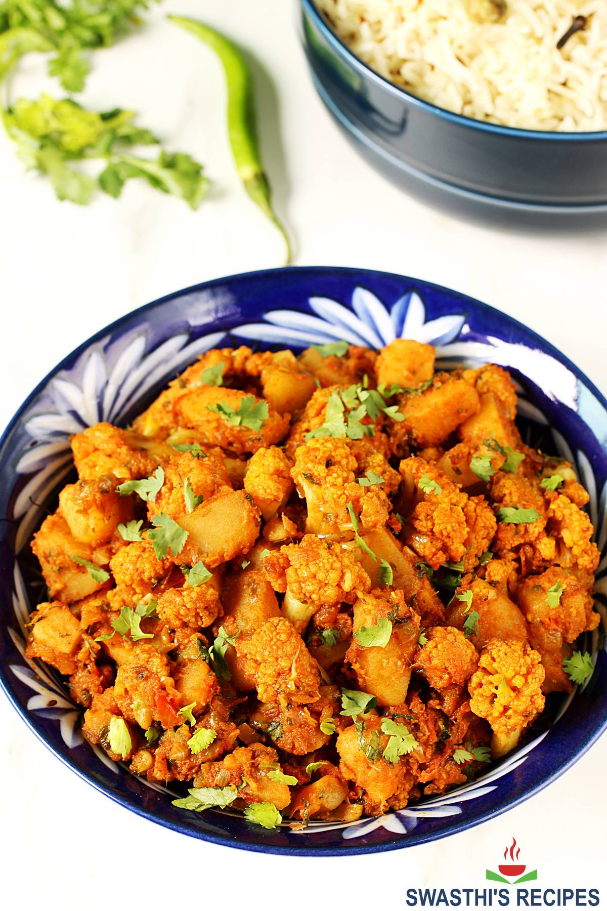 Aloo gobi made with potatoes, cauliflower and spices.