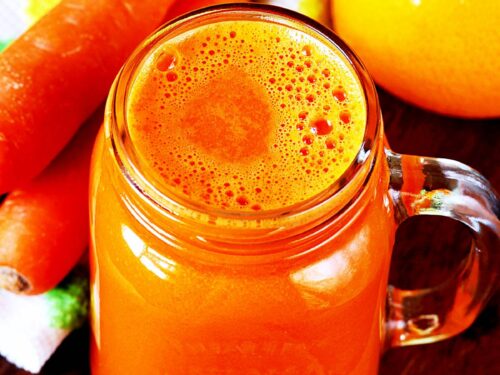 Carrot juice made with fresh carrots, oranges and ginger