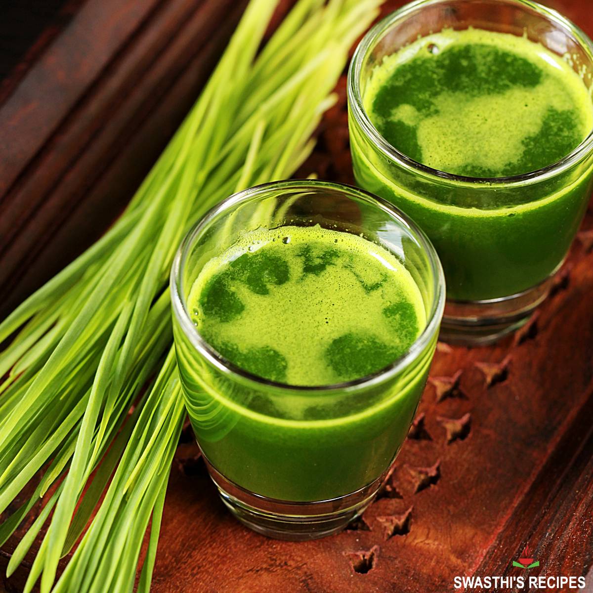 Wheatgrass shot served in a shot glass