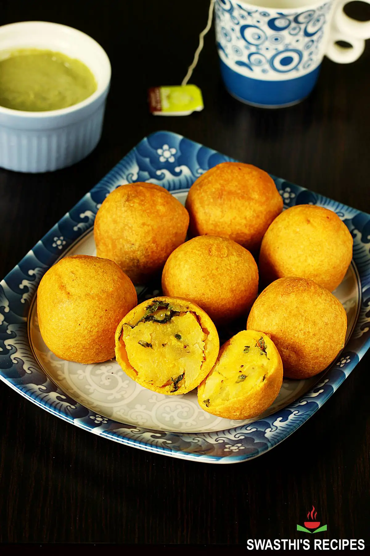 Batata vada served in a blue plate