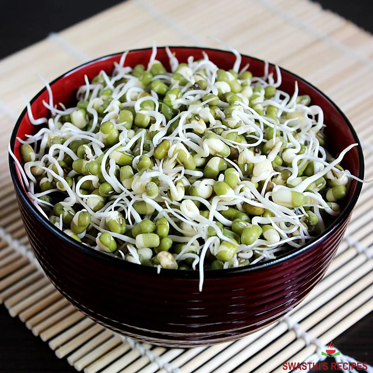 Mung bean sprouts in a red bowl