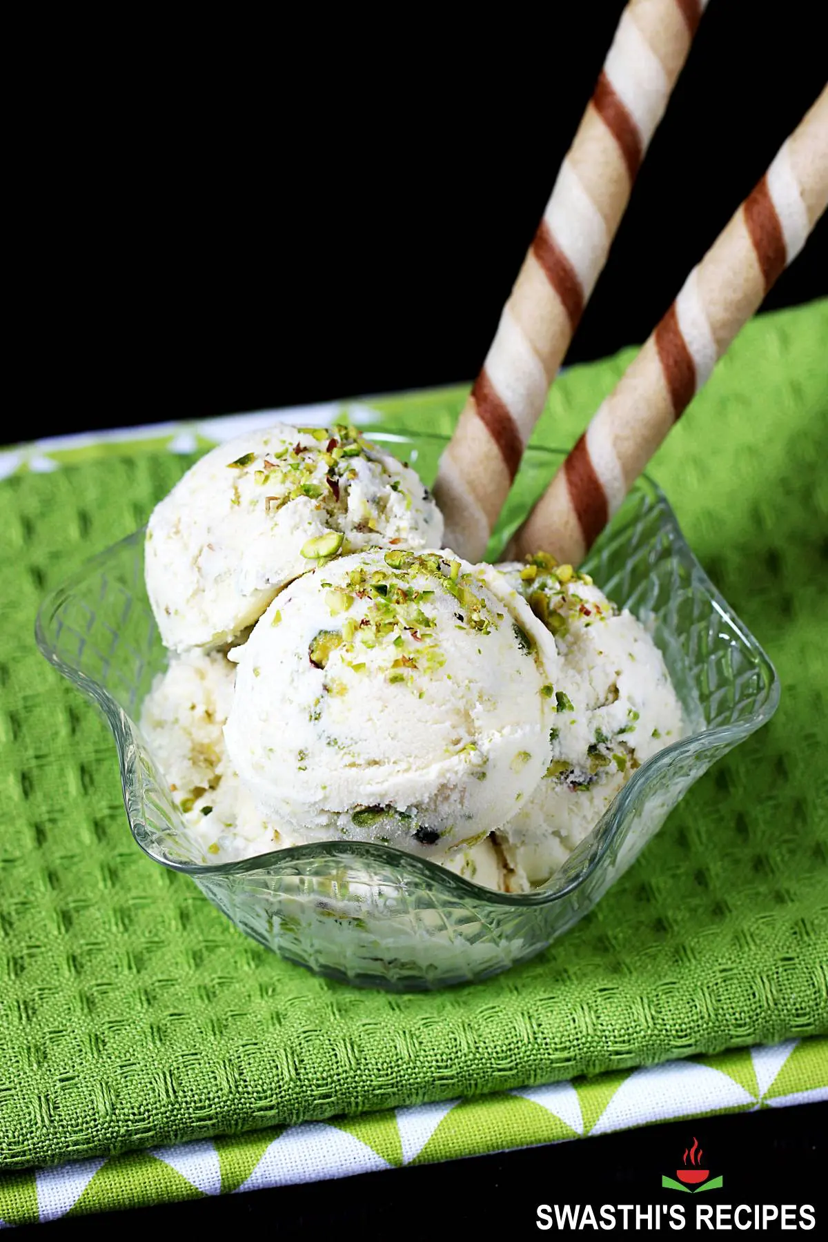 Pistachio ice cream made with pista, heavy cream, sugar, milk and vanilla essence