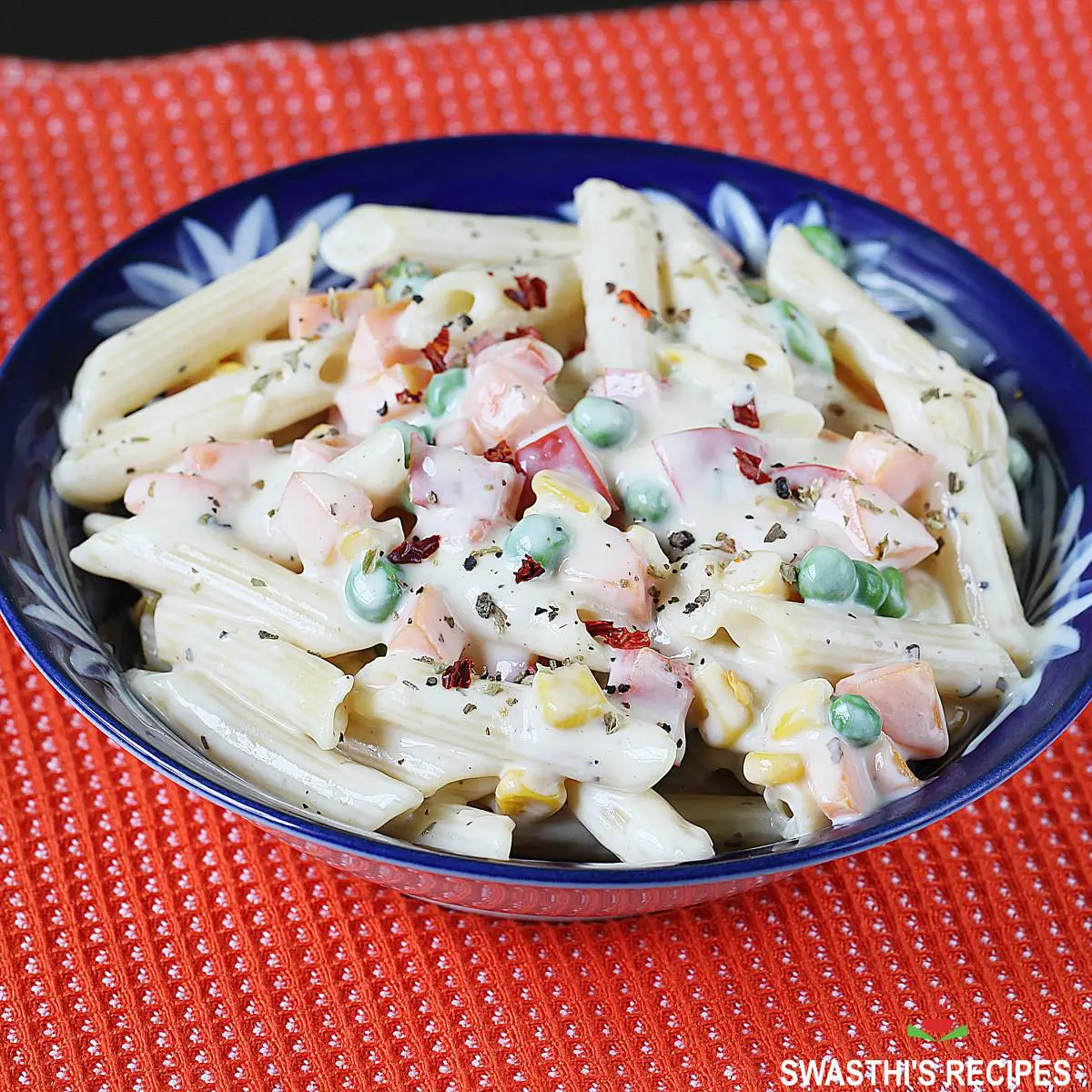 White sauce pasta with penne, milk and veggies