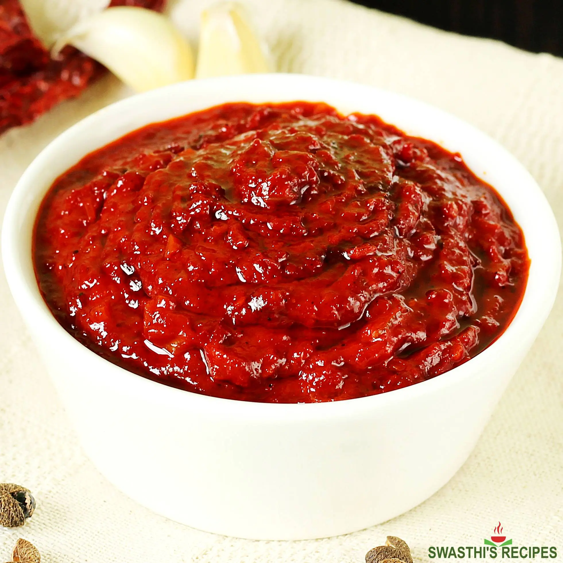 Schezwan Sauce made with red chilies, soya sauce and pepper