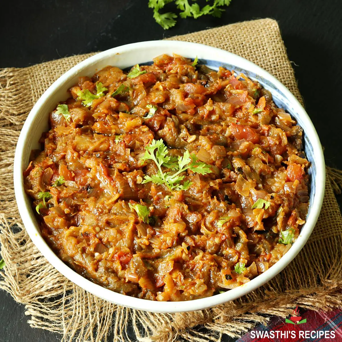 Baingan Bharta also known as baingan ka bharta served in a bowl