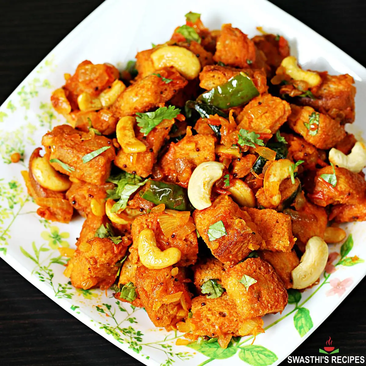 Bread upma made with bread, spices, onions and tomatoes