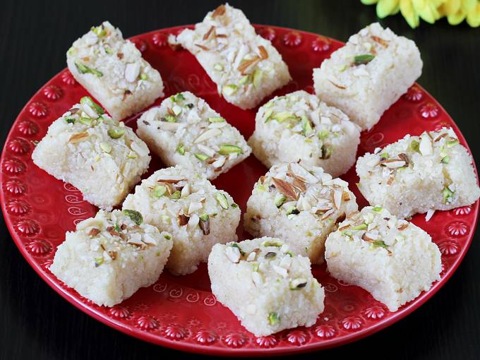 Coconut Burfi Recipe  Nariyal Barfi    Swasthi s Recipes - 11