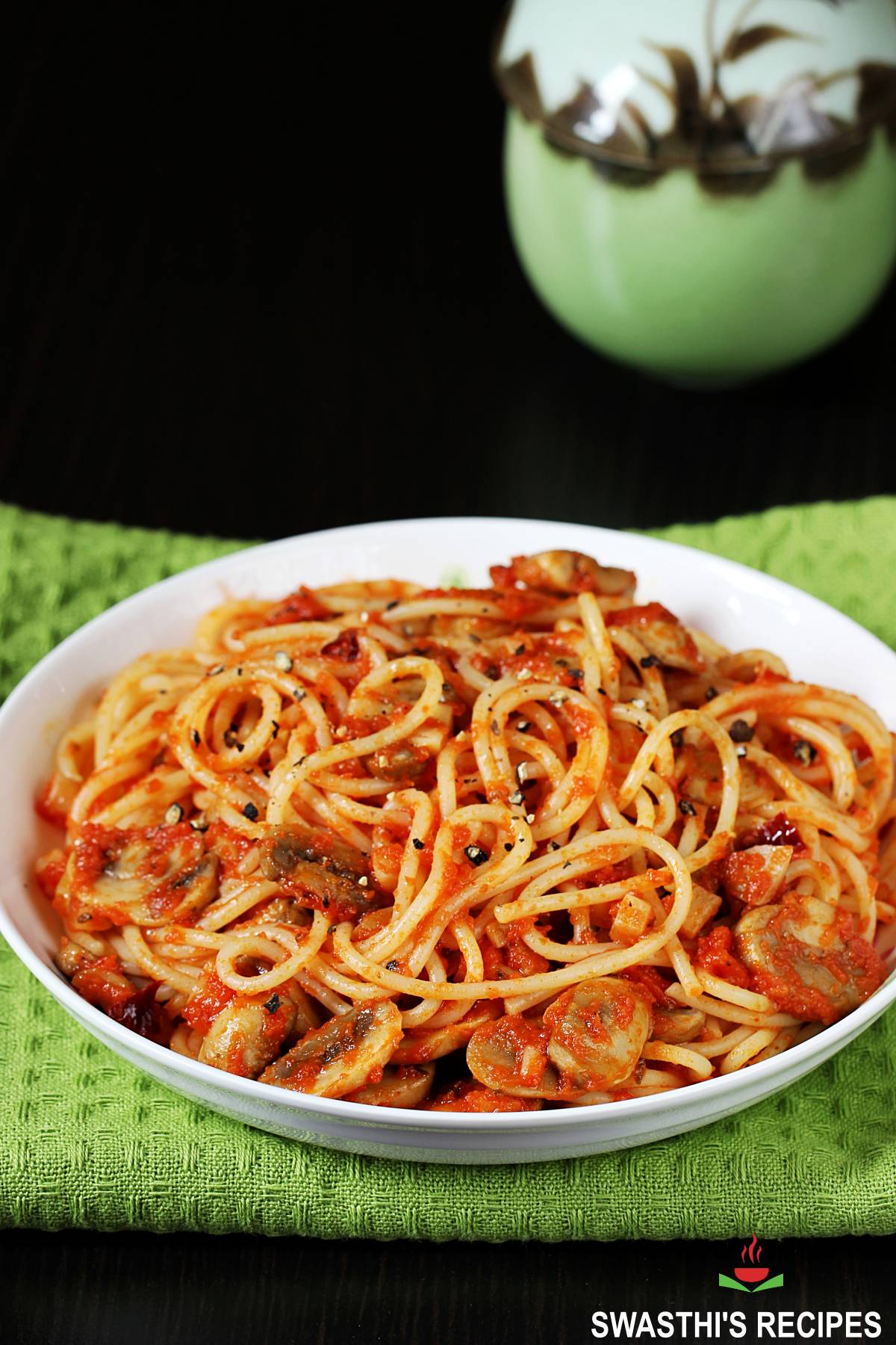 Mushroom Spaghetti Recipe - Swasthi's Recipes