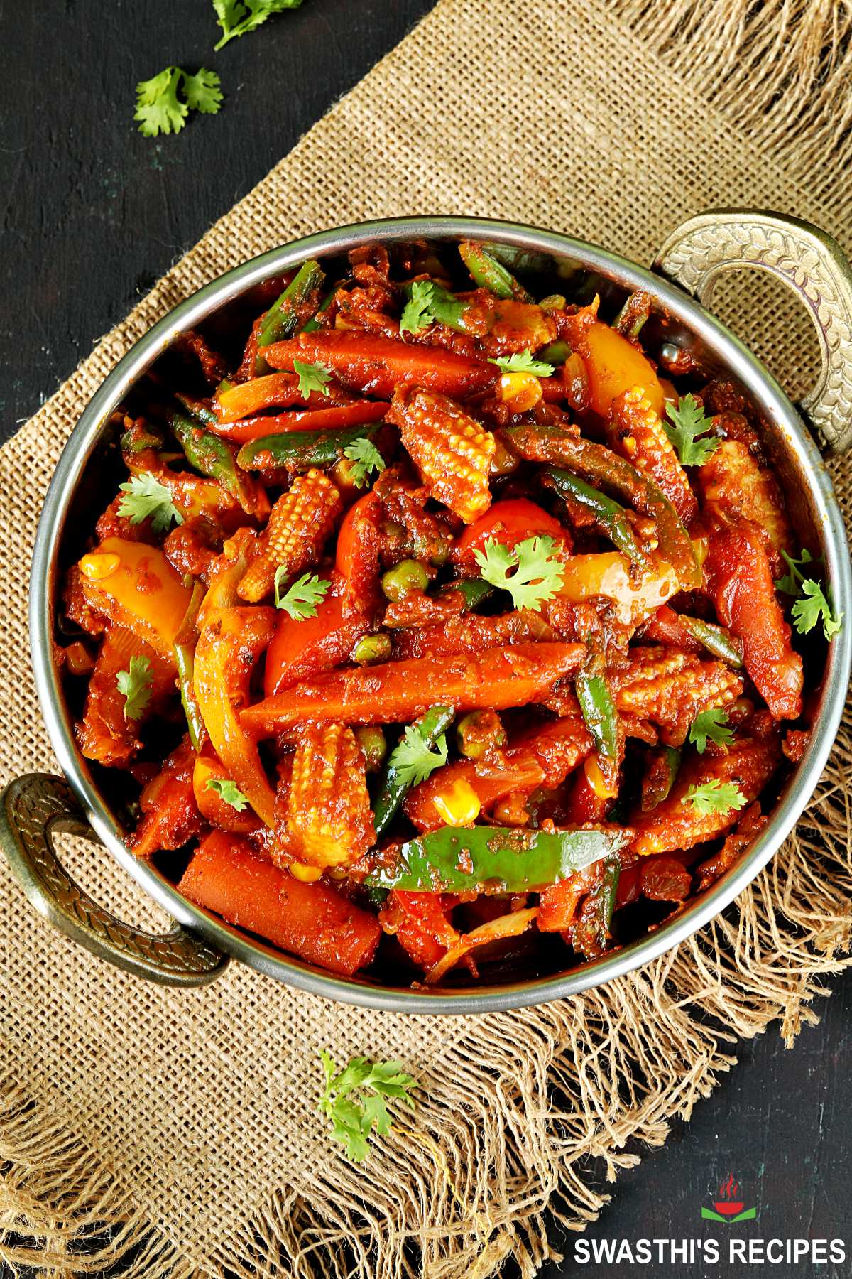 Vegetable Jalfrezi served in a Kadai