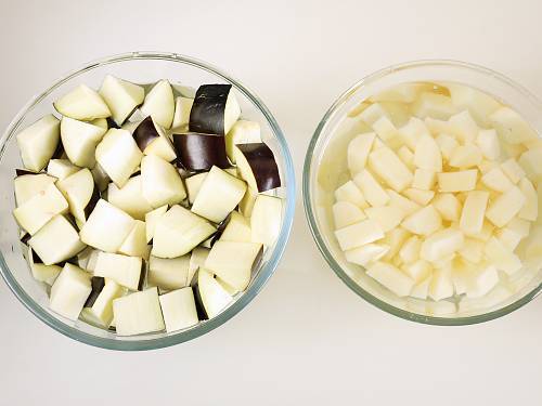 chopped eggplants and potatoes