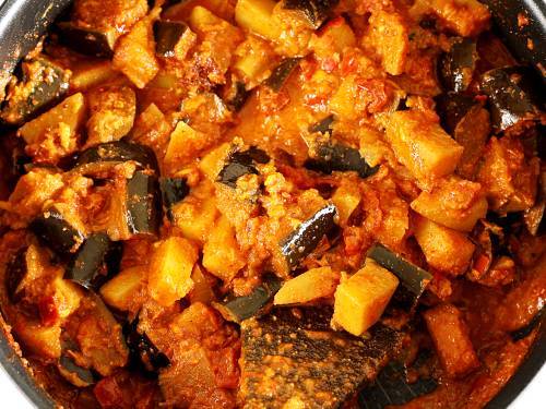 fully cooked eggplants and potatoes