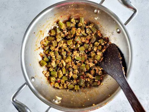 sauteed okra garnished with coriander leaves