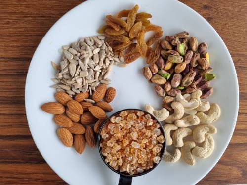 nuts seeds and gond in a plate