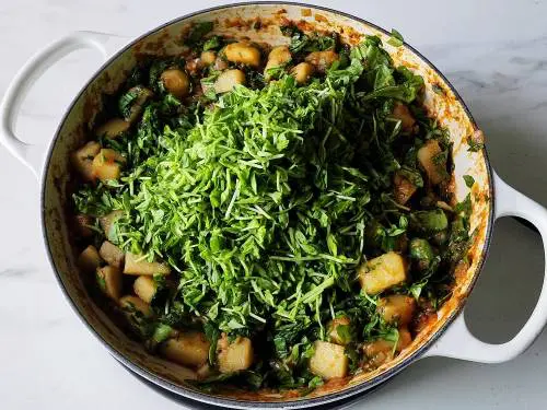 pea sprouts in aloo saag