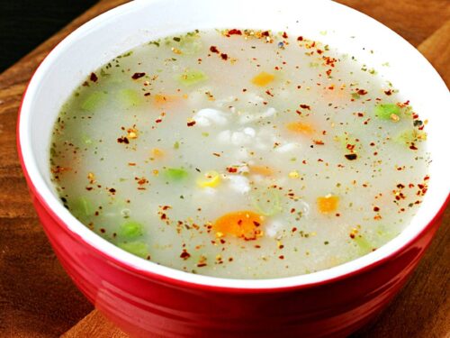 Oatmeal Soup served in a red bowl