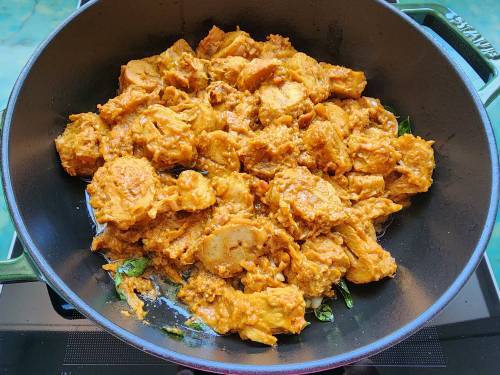 roasting cooked spiced soya chaap