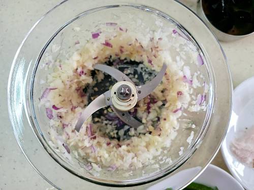 crushed onions in a chopper